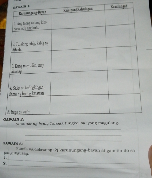 IN 1: 
Kasalungat 
G 
_ 
_ 
_ 
GAWAIN 3: 
Pumili ng dalawang (2) karunungang-bayan at gamitin ito sa 
pangungusap. 
_ 
1. 
2. 
_ 
_