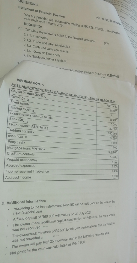 cnfecved by oducncne 
Statement of Financial Position
t àt  then là có c hưng à   Baown scleed in the t aón a  e 
year ends on 31 March 2024
(43 marks; 40 minutes) M  
You are provided with information relating to MKHIZE STORES. The financia
REQUIRED:
en senfice.  The o
2.1. Complete the following notes to the financial statement (23)
2 1+. Inventories
2.1.2. Trade and other receivables
2 1:. Cash and cash equivalents
2.1.4. Owners' Equity note
2.1.5. Trade and other payables
2  Pnciel Position (Balance Sheet) on 31 MARCH
   
INFORMATION
B. Additional information:
According to the loan statement, R82 250 will be paid back on the loan in the
next financial year
A fixed deposit of R60 000 will mature on 31 July 2024
The owner made additional capital contribution of R60 000, the transaction
was not recorded Diar
was not recorded The owner took the stock of R2 500 for his own personal use. The transaction
x
The owner will pay R82 250 towards loan in the following financial year
Net profit for the year was calculated as R670 000