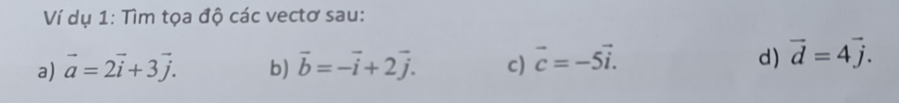 Ví dụ 1: Tìm tọa độ các vectơ sau: 
a) vector a=2vector i+3vector j. b) vector b=-vector i+2vector j. 
c) vector c=-5vector i. 
d) vector d=4vector j.