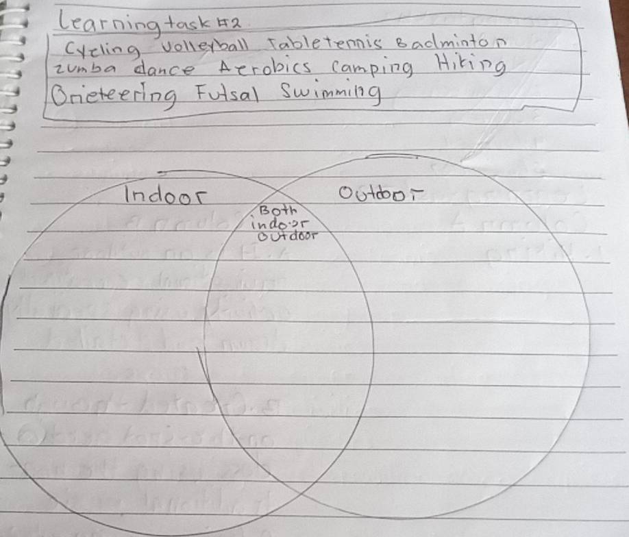 learning task 42 
Cycling volleyball Tabletennis Badminton 
zumba dance Aerobics camping Hiking 
Oreteering Fuisal swimming