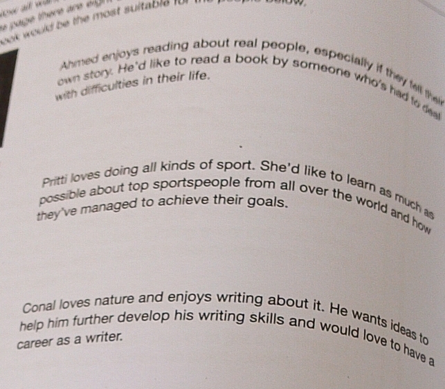 a there ar ig .
ook w ould be the most sultabl r 
Ahmed enjoys reading about real people, especially if they fell the
with difficulties in their life.
own story. He'd like to read a book by someone who's had to dea
Pritti loves doing all kinds of sport. She'd like to learn as much as
possible about top sportspeople from all over the world and how 
they've managed to achieve their goals.
Conal loves nature and enjoys writing about it. He wants ideas to
help him further develop his writing skills and would love to have a
career as a writer.