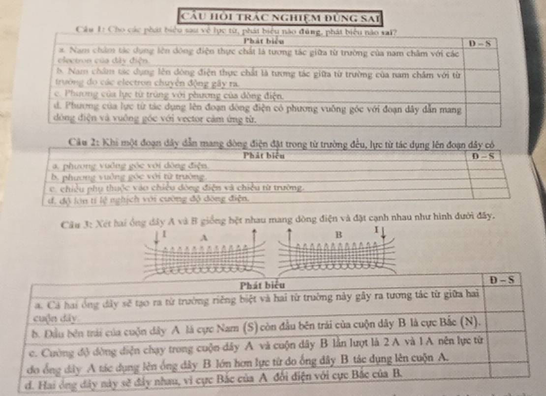 Cầu hội trác nghiệm đùng sai
Câu 3: Xét hai ông đây A và B giống bệt nhau mang dòng điện và đặt cạnh nhau như hình dưới đây.
1 A
B I