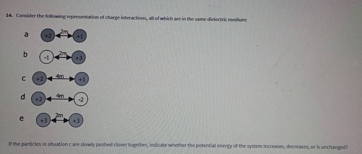 Consider the following representation of charge interactions, all of which are in the same dielectric medium:
2m
a +2 +1
b
C
d
e
If the particles in situation c are slowly pushed closer together, indicate whether the potential energy of the system increases, decreases, or is unchanged?