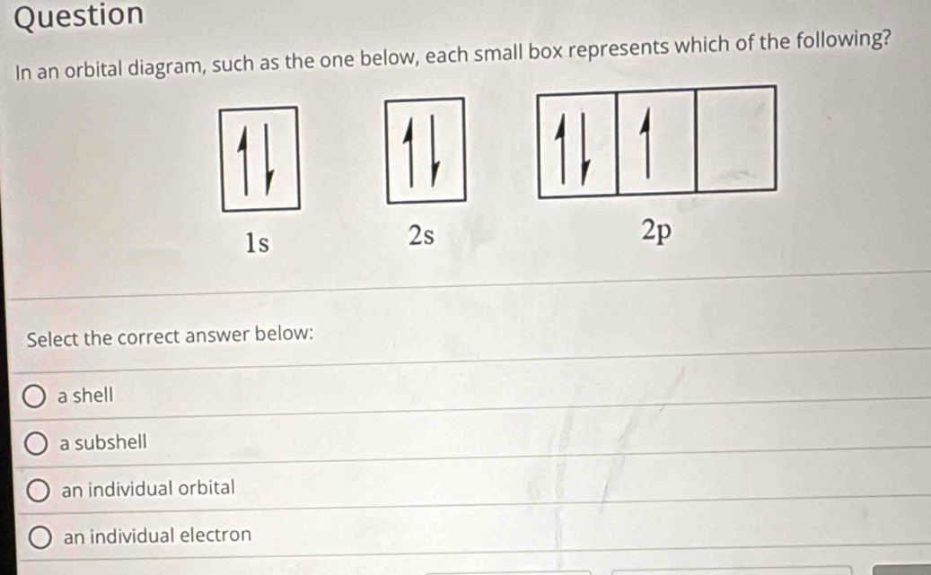 Question
In an orbital diagram, such as the one below, each small box represents which of the following?
1s
2s
2p
Select the correct answer below:
a shell
a subshell
an individual orbital
an individual electron