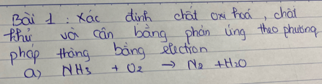 xác dinh chái oxi hoá, chái 
thú vè cán bāng phàn liìng theo phying 
phap thing bàng electron 
a) NH_3+O_2to N_2+H_2O