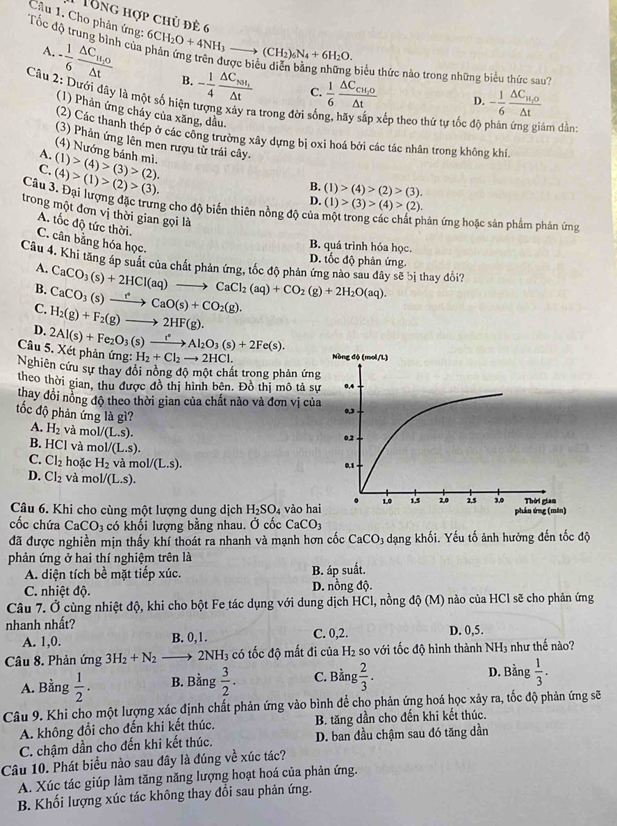 Tổng hợp chủ đè 6
Cậu 1. Cho phản ứng: 6CH_2O+4NH_3to (CH_2)_6N_4+6H_2O.
Tốc độ trung bình của
A. - 1/6 frac △ C_H_2O△ t B. - 1/4 frac △ C_NH_1△ t
biểu thức nào trong những biểu thức sau?
C.  1/6 frac △ C_CH_2O△ t D. - 1/6 frac △ C_H_2O△ t
Câu 2: Dưới đây là một số hiện tượng xảy ra trong đời số xếp theo thứ tự tốc độ âm dần:
(1) Phản ứng chảy của xăng, dầu.
(2) Các thanh thép ở các công trường xây dựng bị oxì hoá bởi các tác nhân trong không khí
(3) Phản ứng lên men rượu từ trái cây.
(4) Nướng bánh mì.
A.
C. (4)>(1)>(2)>(3). (1)>(4)>(3)>(2).
B. (1)>(4)>(2)>(3).
Câu 3. Đại lượng đặc trưng cho độ biến thiên nồng độ của
D. (1)>(3)>(4)>(2).
trong một đơn vị thời gian gọi là
hản ứng hoặc sản phẩm phản ứng
A. tốc độ tức thời.
C. cân bằng hóa học.
B. quá trình hóa học.
D. tốc độ phản ứng.
Câu 4. Khi tăng áp suất của chất phản ứng, tốc độ phản ứng nào sau dây sẽ bị thay đổi?
A.
B.
C. CaCO_3(s)xrightarrow r°CaO(s)+CO_2(g). CaCO_3(s)+2HCl(aq)to CaCl_2(aq)+CO_2(g)+2H_2O(aq).
D. H_2(g)+F_2(g)to 2HF(g).
Câu 5. Xét phản ứng: 2Al(s)+Fe_2O_3(s)xrightarrow r°Al_2O_3(s)+2Fe(s). H_2+Cl_2to 2HCl.
Nghiên cứu sự thay đôi nồng độ một chất trong phản ứng
theo thời gian, thu được đồ thị hình bên. Đồ thị mô tả s
thay đổi nổng độ theo thời gian của chất nào và đơn vị củ
ốc độ phản ứng là gì?
A. H_2 và m ol/(L.s).
B. HCI và mol /(L.s).
C. Cl_2 hoặc H_2 và mol/ /(L.S).
D. Cl_2 và r 3 )l/(L.s).
Câu 6. Khi cho cùng một lượng dung dịch H_2SO_4 vào ha
cốc chứa CaCO_3 có khối lượng bằng nhau. Ở cốc CaCO_3
đã được nghiền mịn thấy khí thoát ra nhanh và mạnh hơn cốc CaCO_3 dạng khối. Yếu tố ảnh hưởng đến tốc độ
phản ứng ở hai thí nghiệm trên là
A. diện tích bề mặt tiếp xúc. B. áp suất.
C. nhiệt độ. D. nồng độ.
Câu 7. Ở cùng nhiệt độ, khi cho bột Fe tác dụng với dung dịch HCl, nồng độ (M) nào của HCl sẽ cho phản ứng
nhanh nhất? D. 0,5.
A. 1,0. B. 0,1. C. 0,2.
Câu 8. Phản ứng 3H_2+N_2 2NH_3 có tốc độ mất đi của H_2 so với tốc độ hình thành NH3 như thế nào?
A. Bằng  1/2 . B. Bằng  3/2 .
C. Bằng  2/3 . D. Bằng  1/3 .
Câu 9. Khi cho một lượng xác định chất phản ứng vào bình để cho phản ứng hoá học xảy ra, tốc độ phản ứng sẽ
A. không đổi cho đến khi kết thúc. B. tăng dần cho đến khi kết thúc.
C. chậm dần cho đến khi kết thúc. D. ban đầu chậm sau đó tăng dần
Câu 10. Phát biểu nào sau đây là đúng về xúc tác?
A. Xúc tác giúp làm tăng năng lượng hoạt hoá của phản ứng.
B. Khối lượng xúc tác không thay đổi sau phản ứng.