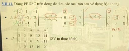 VD 11 Dùng PBDSC trên dòng để đưa các ma trận sau về dạng bậc thang
A=beginbmatrix 2&1&-1 1&-2&3 -2&-1&2 3endbmatrix -beginpmatrix 2&1&-1 0&-2&7&1 -1&1&-5 0&-1&7 0 0&(5)&-1 0&7&7 0&2 0&0&7end(pmatrix)^2 beginbmatrix 2&1&-1 0&-5&7 0&0&0endbmatrix
SV tự thực hành)