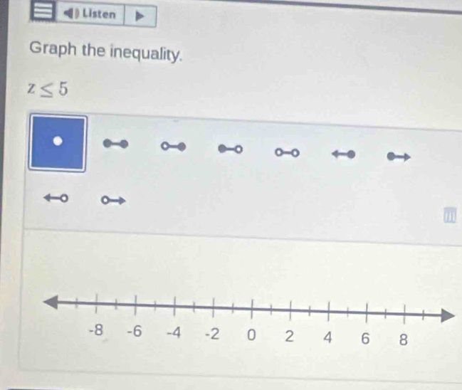 Listen 
Graph the inequality.
z≤ 5. 
。 
0 -0