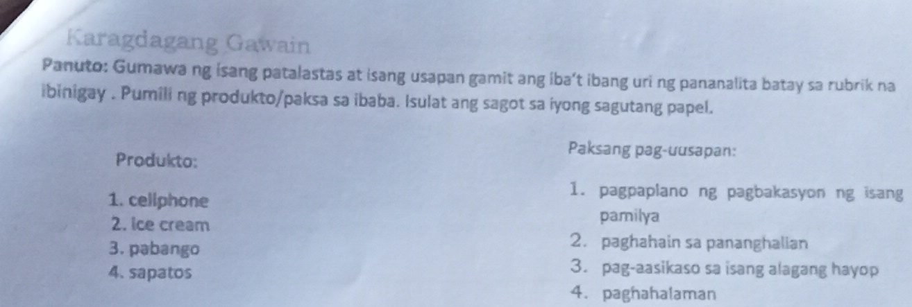 Karagdagang Gawain
Panuto: Gumawa ng isang patalastas at isang usapan gamit ang iba’t ibang uri ng pananalita batay sa rubrik na
ibinigay . Pumili ng produkto/paksa sa ibaba. Isulat ang sagot sa iyong sagutang papel.
Produkto:
Paksang pag-uusapan:
1. cellphone
1. pagpaplano ng pagbakasyon ng isang
2. ice cream
pamilya
3. pabango
2. paghahain sa pananghalian
4. sapatos
3. pag-aasikaso sa isang alagang hayop
4. paghahalaman