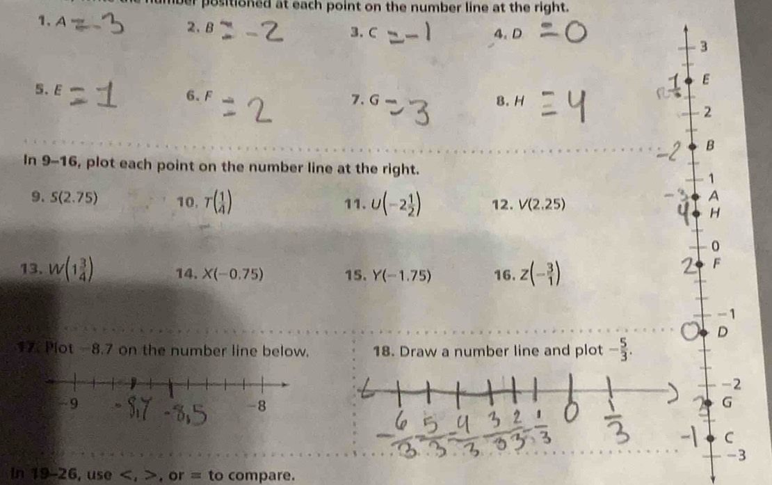 positioned at each point on the number line at the right. 
1、 A 2、 B 3. C
4, D
3
E
5. E
6. F
7 G
8.H
2
B
In 9-16 , plot each point on the number line at the right. 1 
9. S(2.75) 10. T( 1/4 ) 11. U(-2 1/2 ) 12. V(2.25)
A
H
0
13. W(1 3/4 ) 14. X(-0.75) 15. Y(-1.75) 16. Z(- 3/1 )
F
-1
D
17. Plot -8.7 on the number line below. 18. Draw a number line and plot - 5/3 .
-2
G
C
-3
in 19-26, use , , or = to compare.