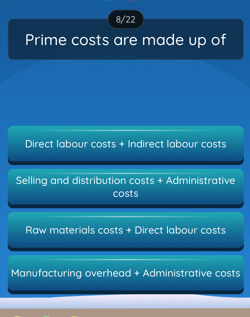 8/22
Prime costs are made up of
Direct labour costs + Indirect labour costs
Selling and distribution costs + Administrative
costs
Raw materials costs + Direct labour costs
Manufacturing overhead + Administrative costs