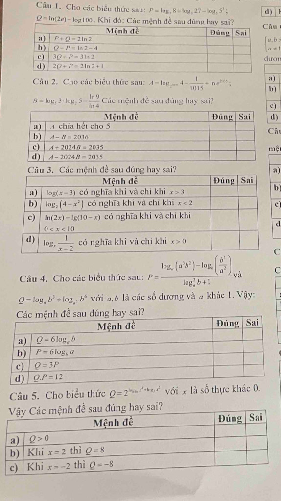 Cho các biểu thức sau: P=log _28+log _327-log _55^3; d) F
Q=ln (2e)-log 100. Khi đỏ: Các mệnh đề sau đúng hay sai?âu
beginarrayl a,b> a!= 1endarray.
ươn
a)
Câu 2. Cho các biểu thức sau: A=log _2^(2006)4- 1/1015 +ln e^(2015); b)
B=log _53· log _25- ln 9/ln 4  Các mệnh đề sau đúng hay sai?
c)
)
âu
ệt
Câu 3. Các mệnh 1e sau đúng hay sai? a)
b)
c)
d
C
Câu 4. Cho các biểu thức sau: P=frac log _x(a^3b^2)-log _3( b^3/a^2 )(log _x)^2b+1va C
Q=log _ab^3+log _a^2b^6 với đ,b là các số dương và a khác 1. Vậy:
đúng hay sai?
Câu 5. Cho biểu thức Q=2^(log _16)x^4+log _2x^2 với x là số thực khác 0.
y sai?