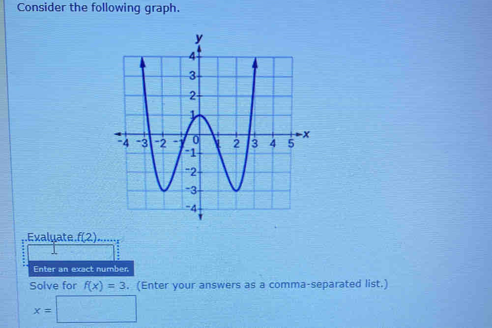 Consider the following graph. 
Evalyate f(2)
Enter an exact number 
Solve for f(x)=3. (Enter your answers as a comma-separated list.)
x=□