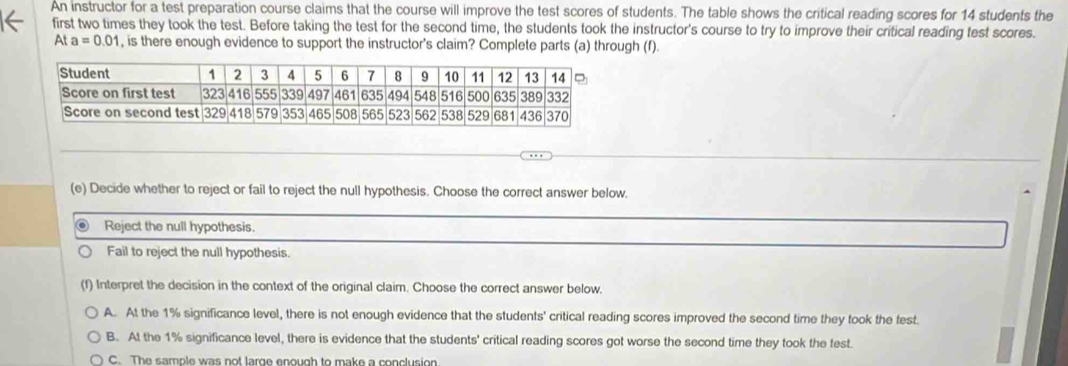 An instructor for a test preparation course claims that the course will improve the test scores of students. The table shows the critical reading scores for 14 students the
first two times they took the test. Before taking the test for the second time, the students took the instructor's course to try to improve their critical reading test scores.
Ata=0.01 , is there enough evidence to support the instructor's claim? Complete parts (a) through (f).
(e) Decide whether to reject or fail to reject the null hypothesis. Choose the correct answer below.
a Reject the null hypothesis.
Fail to reject the null hypothesis.
(f) Interpret the decision in the context of the original claim. Choose the correct answer below.
A. At the 1% significance level, there is not enough evidence that the students' critical reading scores improved the second time they took the test
B. At the 1% significance level, there is evidence that the students' critical reading scores got worse the second time they took the test.
C. The sample was not large enough to make a conclusion.