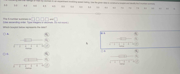 ly ale tie rakgs of men by women in an experiment involving speed dating. Use the given data to construct a boxplot and identify the 5 -number summary.
3.0 3.0 4.0 4.5 4.5 4.5 5.0 5.0 5.0 5.0 5.0 6.0 6.0 7.0 7.0 7.0 80 8.0 9.5 。
The 5 -number summary is □ .□ .□ .□. and □
(Use ascending order. Type integers or decimals. Do not round.)
Which boxplot below represents the data?
A. ② B.
Rtatings D.
C.
B Runing
tings