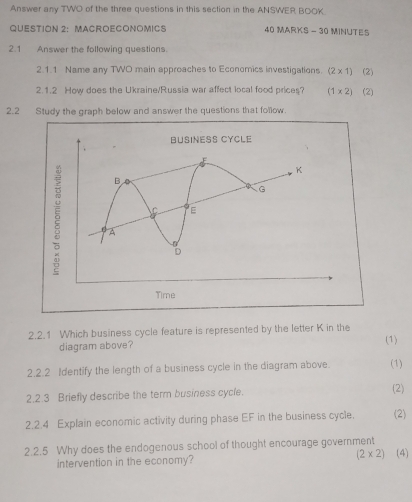 Answer any TWO of the three questions in this section in the ANSWER BOOK. 
QUESTION 2: MACROECONOMICS 40 MARKS - 30 MINUTES 
2.1 Answer the following questions. 
2.1.1 Name any TWO main approaches to Economics investigations. (2* 1) (2) 
2.1.2 How does the Ukraine/Russia war affect local food prices? (1* 2) (2) 
2.2 Study the graph below and answer the questions that follow. 
2.2.1 Which business cycle feature is represented by the letter K in the (1) 
diagram above? 
2.2.2 Identify the length of a business cycle in the diagram above. (1) 
2.2.3 Briefly describe the term business cycle. (2) 
2.2.4 Explain economic activity during phase EF in the business cycle. (2) 
2.2.5 Why does the endogenous school of thought encourage government (4) 
intervention in the economy? (2* 2)