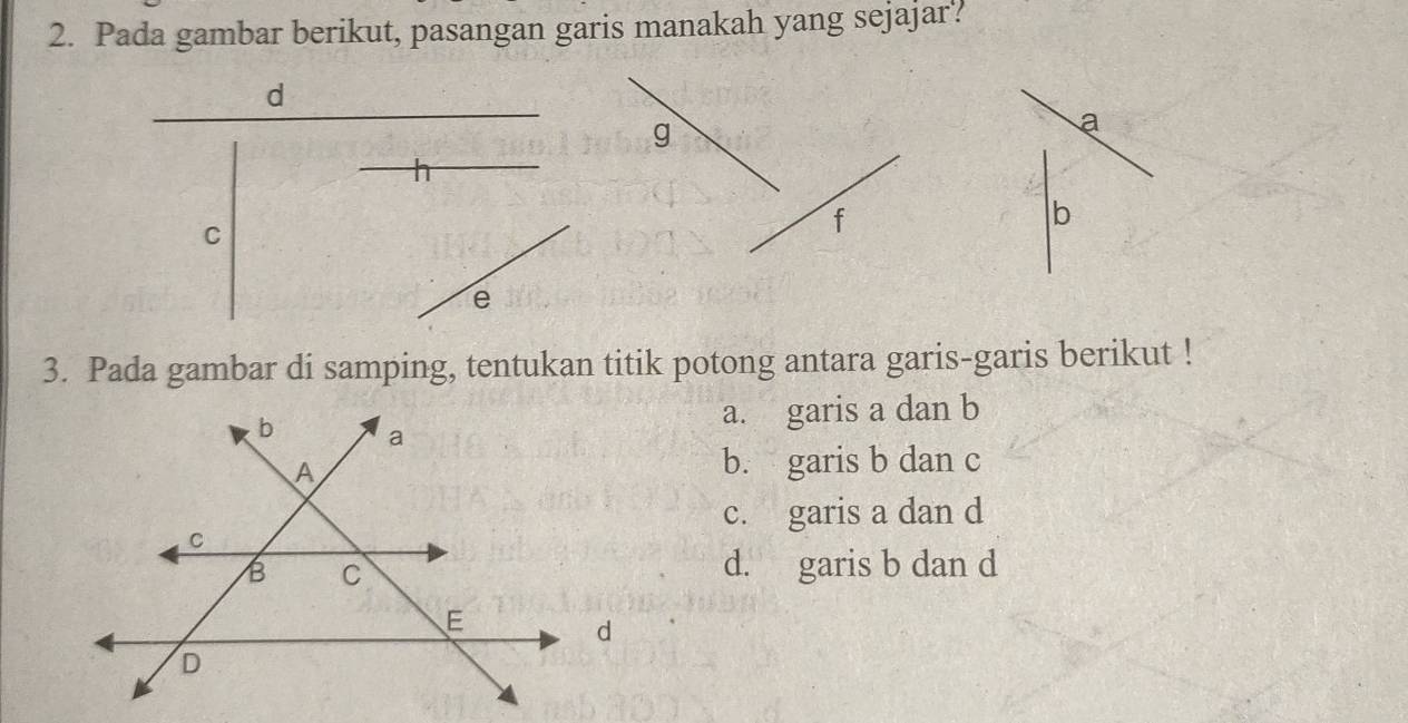 Pada gambar berikut, pasangan garis manakah yang sejajar?
d
g
a
C
f
b
e
3. Pada gambar di samping, tentukan titik potong antara garis-garis berikut !
a. garis a dan b
b. garis b dan c
c. garis a dan d
d. garis b dan d