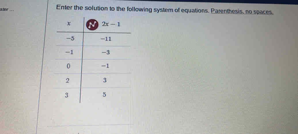 ster ...
Enter the solution to the following system of equations. Parenthesis, no spaces.