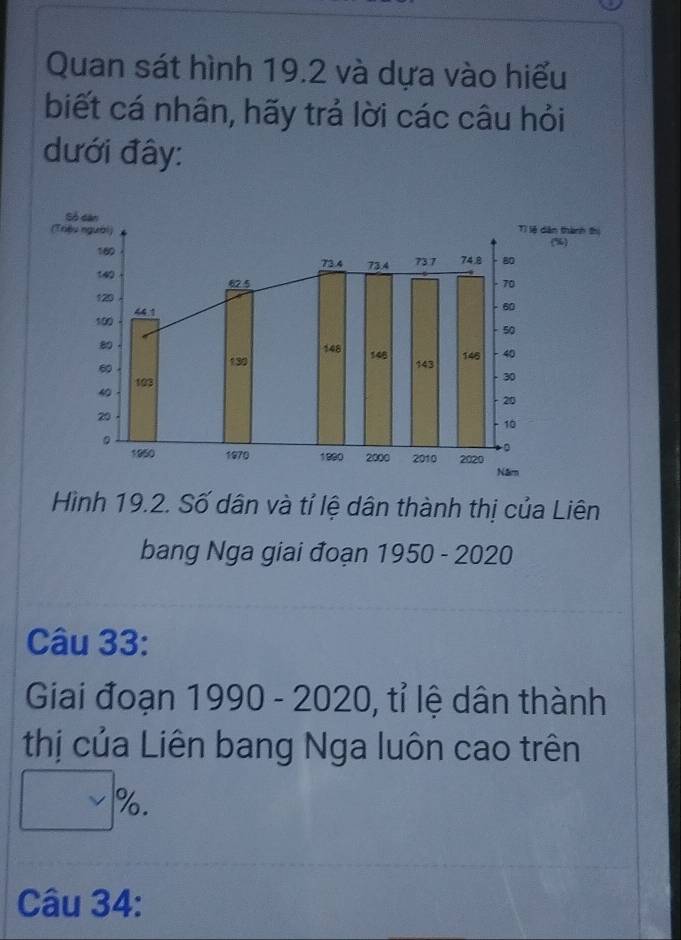 Quan sát hình 19.2 và dựa vào hiểu 
biết cá nhân, hãy trả lời các câu hỏi 
dưới đây: 
Số dân 
(Triệu người) Tì lệ diân thành thị 
(%)
180 737 74.8 80
73.4 73.4
140 70
62 5
120
100 44.1
60
50
8
60 130 148
146 40
148 143
193 - 30
40
20
20
10
。 
。
1950 1970 1890 2000 2010 2020
Năm 
Hình 19.2. Số dân và tỉ lệ dân thành thị của Liên 
bang Nga giai đoạn 1950 - 2020 
Câu 33: 
Giai đoạn 1990 - 2020 , tỉ lệ dân thành 
thị của Liên bang Nga luôn cao trên 
□ % . 
Câu 34: