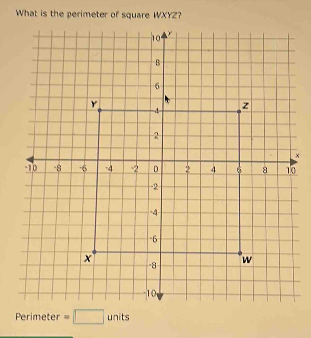 What is the perimeter of square WXYZ? 
× 
0
p_e rimeter =□ units