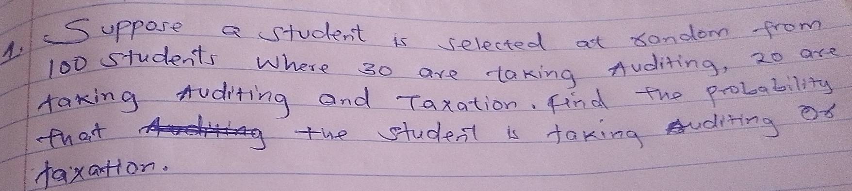 Suppose a student is selected at sandom from
100 students where 3o are taking Auditing, 20 are 
taking tuditing and Taxation, find the probability 
that 
the student is taking suditing ox 
faxaton.