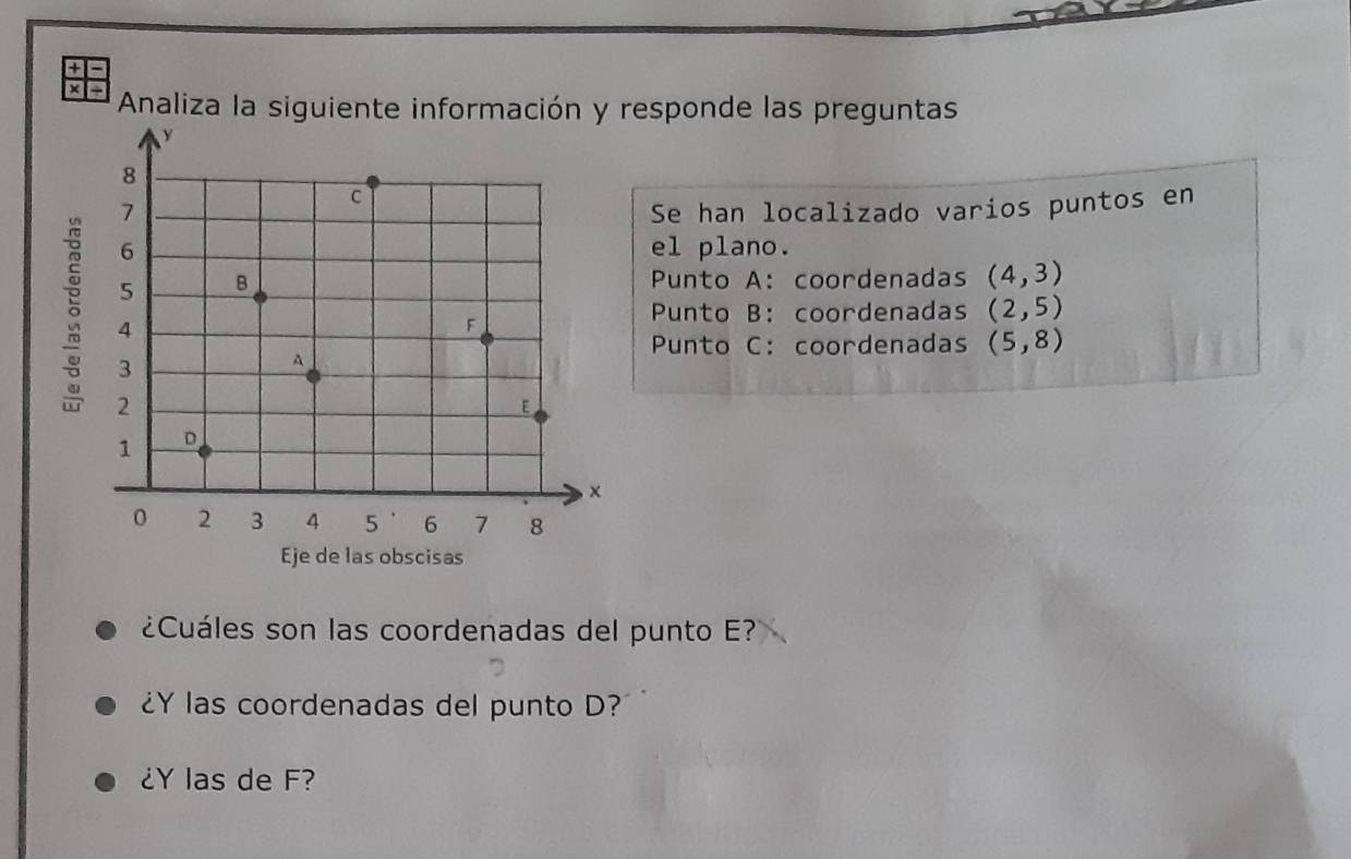 + 
× - Analiza la siguiente información y responde las preguntas 
Se han localizado varios puntos en 
el plano. 
Punto A: coordenadas (4,3)
Punto B: coordenadas (2,5)
Punto C: coordenadas (5,8)
¿Cuáles son las coordenadas del punto E? 
¿Y las coordenadas del punto D? 
¿Y las de F?