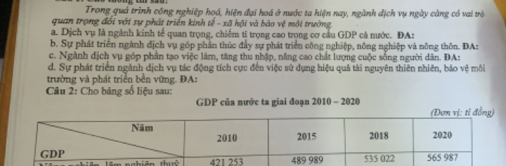 Trong quả trình công nghiệp hoá, hiện đại hoá ở nước ta hiện nay, ngành dịch vụ ngày càng có vai trò
quan trọng đổi với sự phát triển kinh tế - xã hội và báo vệ mội trường.
a. Dịch vụ là ngành kinh tế quan trọng, chiếm tĩ trọng cao trọng cơ cầu GDP cá nước. ĐA:
b. Sự phát triển ngành địch vụ góp phần thúc đầy sự phát triển công nghiệp, nông nghiệp và nông thôn. ĐA:
c. Ngành dịch vụ góp phần tạo việc làm, tăng thu nhập, nằng cao chất lượng cuộc sống người dân. ĐA:
d. Sự phát triển ngành dịch vụ tác động tích cực đến việc sử dụng hiệu quả tài nguyên thiên nhiên, bảo vệ môi
trường và phát triển bền vững. ĐA:
Câu 2: Cho bảng số liệu sau:
GDP của nước ta giai đoạn 2010 - 2020
nghi