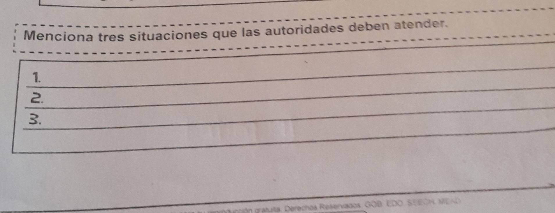 Menciona tres situaciones que las autoridades deben atender. 
1. 
2. 
3. 
erechos Reservados