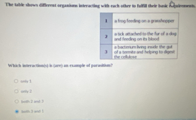 The table shows different organisms interacting with each other to fulfill their basic iequirements.
Which interaction(s) is (are) an example of parasitism?
only 1
only 2
both 2 and 3
both 3 and 1