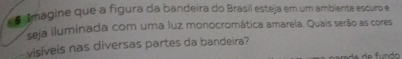 Imagine que a figura da bandeira do Brasil esteja em um ambiente escuro e 
seja iluminada com uma luz monocromática amarela. Quais serão as cores 
visíveis nas diversas partes da bandeira?