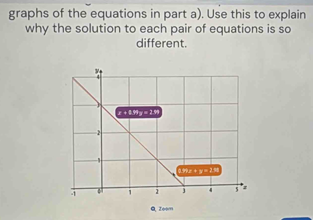 graphs of the equations in part a). Use this to explain
why the solution to each pair of equations is so
different.