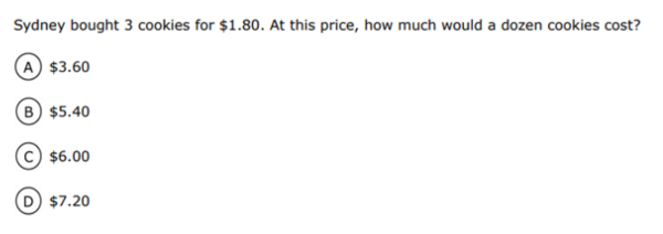 Sydney bought 3 cookies for $1.80. At this price, how much would a dozen cookies cost?
A $3.60
B $5.40
C $6.00
D $7.20