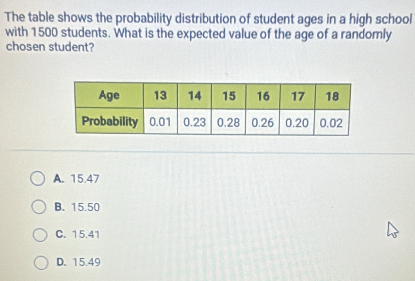 The table shows the probability distribution of student ages in a high school
with 1500 students. What is the expected value of the age of a randomly
chosen student?
A. 15.47
B. 15.50
C. 15.41
D. 15.49