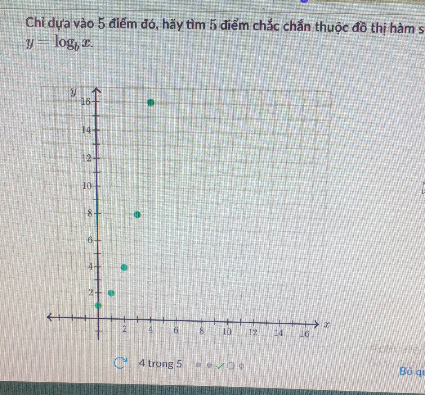 Chỉ dựa vào 5 điểm đó, hãy tìm 5 điểm chắc chắn thuộc đồ thị hàm s
y=log _bx. 
4 trong 5
Bỏ qu