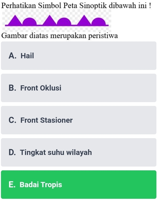 Perhatikan Simbol Peta Sinoptik dibawah ini !
Gambar diatas merupakan peristiwa
A. Hail
B. Front Oklusi
C. Front Stasioner
D. Tingkat suhu wilayah
E. Badai Tropis