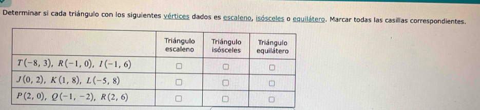 Determinar si cada triángulo con los siguientes vértices dados es escaleno, isósceles o equilátero. Marcar todas las casillas correspondientes.