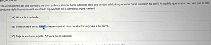 Está conduciendo por una carretera de dos carriles y al mirar hacía adelante cree que ve otro vehículo que viene hacía usted en su carril. A medida que te acercas, ves que el otro
conductor definitivamente está en el lado equivocado de la carretera.¿Qué harías?
A) Gire a la izquierda.
B) Permanezca en su carril y espere que el otro conductor regrese a su carril.
C) Baje la ventana y grite: ''¡Fuera de mi camino!