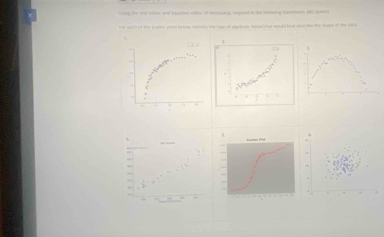 Lhing the bext esitor and equation editor of necessarys, respaed to the following suatenents. 182 pomini 
l or each of the scalter plots below, ktentily the type of algebraic model that would best describe the shape of the iata