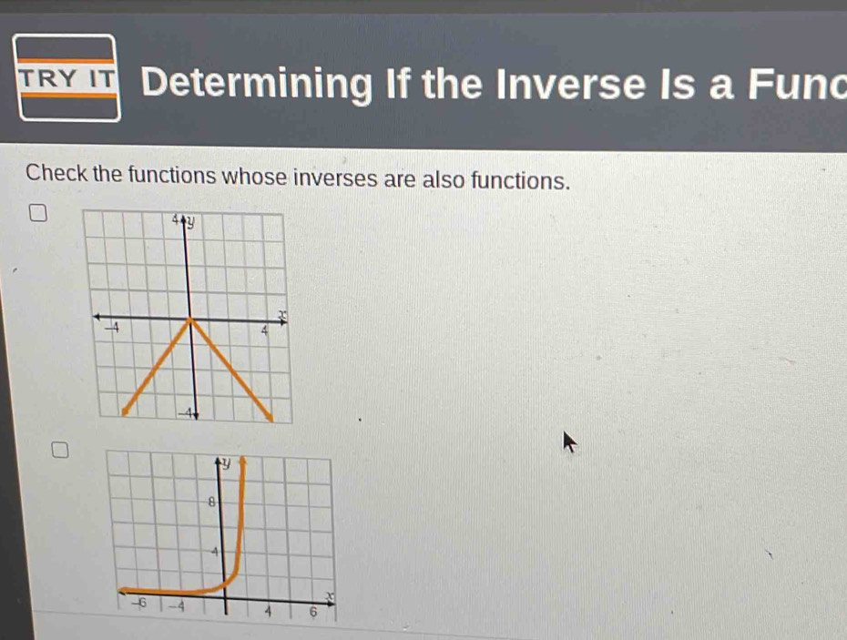 TRY IT Determining If the Inverse Is a Fund 
Check the functions whose inverses are also functions.
y
8
4
x
-6 -4 4 6