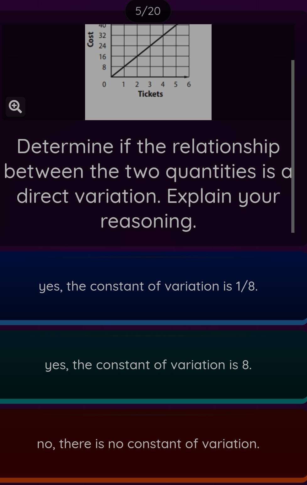 5/20
3
Tickets
④
Determine if the relationship
between the two quantities is a
direct variation. Explain your
reasoning.
yes, the constant of variation is 1/8.
yes, the constant of variation is 8.
no, there is no constant of variation.