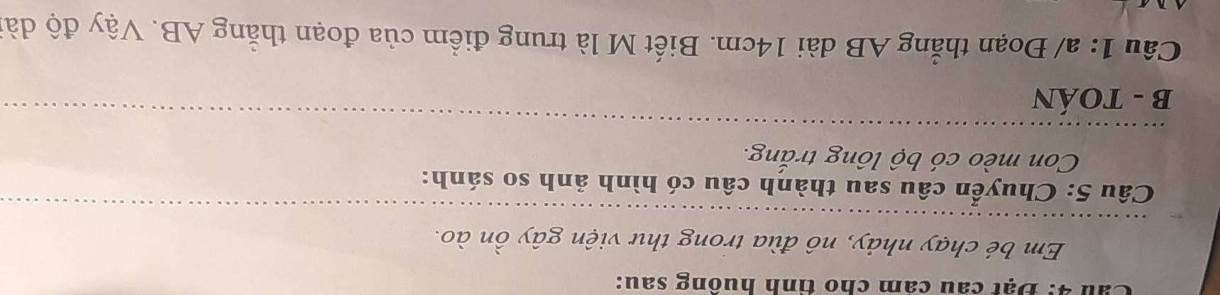 Cầu 4: Đạt cầu cảm cho tinh huông sau: 
Em bé chạy nhảy, nô đùa trong thư viện gây ồn ào. 
Câu 5: Chuyển câu sau thành câu có hình ảnh so sánh: 
Con mèo có bộ lông trắng. 
B - TOÁN 
Câu 1: a/ Đoạn thẳng AB dài 14cm. Biết M là trung điểm của đoạn thẳng AB. Vậy độ dài