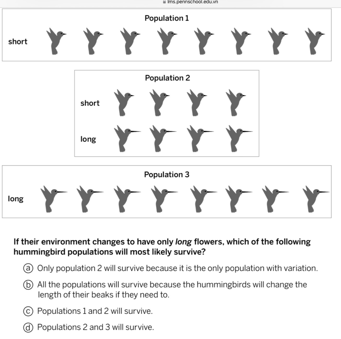 Ims.pennschool.edu.vn
Population 1
short
Population 3
long
If their environment changes to have only long flowers, which of the following
hummingbird populations will most likely survive?
a Only population 2 will survive because it is the only population with variation.
b) All the populations will survive because the hummingbirds will change the
length of their beaks if they need to.
c) Populations 1 and 2 will survive.
d Populations 2 and 3 will survive.