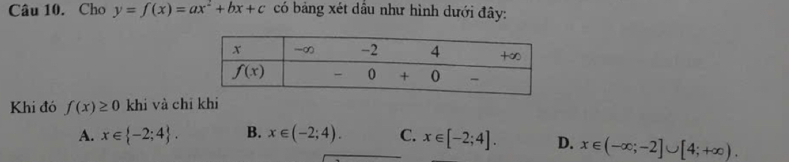 Cho y=f(x)=ax^2+bx+c có bảng xét dầu như hình dưới đây:
Khi đó f(x)≥ 0 khi và chí khi
A. x∈  -2;4 . B. x∈ (-2;4). C. x∈ [-2;4]. D. x∈ (-∈fty ;-2]∪ [4;+∈fty ).