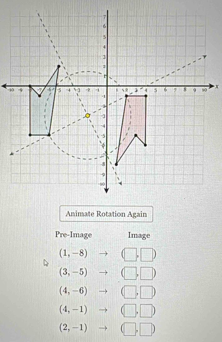 Pre-Image Image
(1,-8) (□ ,□ )
(3,-5) (□ ,□ )
(4,-6) (□ ,□ )
(4,-1) (□ ,□ )
(2,-1) (□ ,□ )