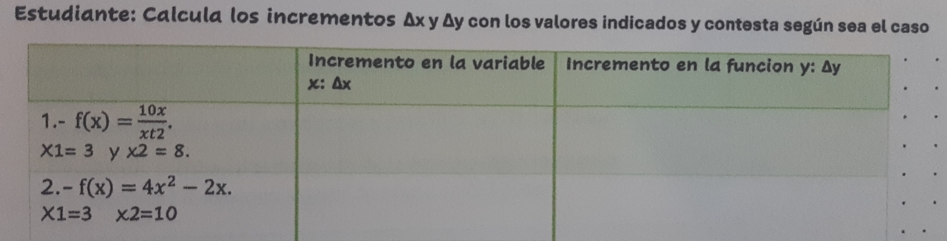 Estudiante: Calcula los incrementos Δx y Δy con los valores indicados y contesta según sea el caso