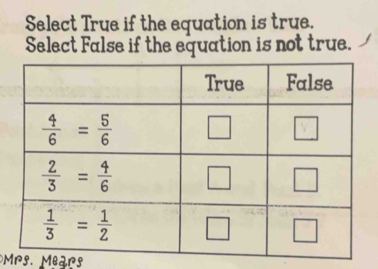 Select True if the equation is true.
Select False if the equation is not true.
Mrs. Mears