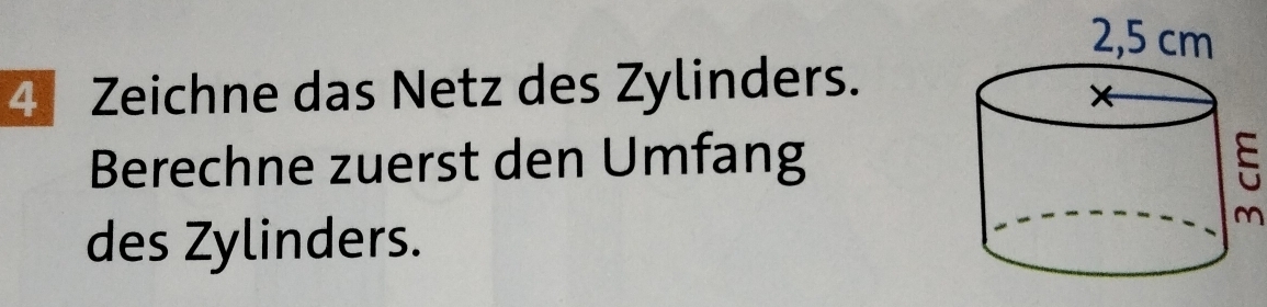 Zeichne das Netz des Zylinders. 
Berechne zuerst den Umfang 
des Zylinders.
m