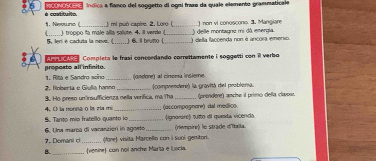 RCONOSCERE Indica a fianco del soggetto di ogni frase da quale elemento grammaticale 
é costituito. 
1. Nessuno (_ ) mi può capire. 2. Loro ( _) non vi conoscono. 3. Mangiare 
_) troppo fa male alla salute. 4. Il verde (_ ) delle montagne mi dà energia. 
5, leri è caduta la neve. ( _) 6. ll brutto (_ ) della faccenda non è ancora emerso. 
APPLICARE Completa le frasi concordando correttamente i soggetti con il verbo 
proposto all'infinito. 
1. Rita e Sandro soho _(andare) al cinema insieme. 
2. Roberta e Giulia hanno _(comprendere) la gravità del problema. 
3. Ho preso un'insufficienza nella verifica, ma I'ha _(prendere) anche il primo della classe. 
4. O la nonna o la zia mi _(accompagnare) dal medico. 
5. Tanto mio fratello quanto io _(ignorare) tutto di questa vicenda. 
6. Una marea di vacanzieri in agosto _(riempire) le strade d'Italia. 
7. Domani ci_ (fare) visita Marcello con i suoi genitori. 
8. _(venire) con noi anche Marta e Lucia.