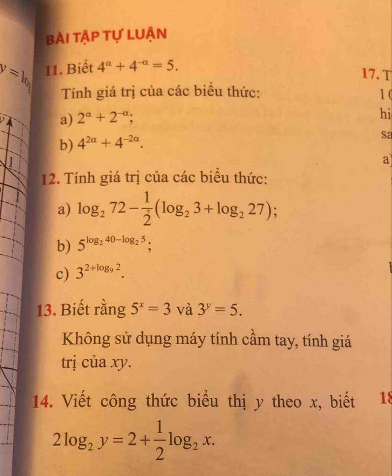 bài tập tự LUận
v=l_0 11. Biết 4^(alpha)+4^(-alpha)=5. 
17. T 
Tính giá trị của các biểu thức: 10 
a) 2^(alpha)+2^(-alpha); 
hi 
b) 4^(2alpha)+4^(-2alpha). 
sa 
1 
a 
12. Tính giá trị của các biểu thức: 
a) log _272- 1/2 (log _23+log _227); 
b) 5^(log _2)40-log _25; 
c) 3^(2+log _9)2. 
13. Biết rằng 5^x=3 và 3^y=5. 
Không sử dụng máy tính cầm tay, tính giá 
trị của xy. 
14. Viết công thức biểu thị y theo x, biết 18
2log _2y=2+ 1/2 log _2x.