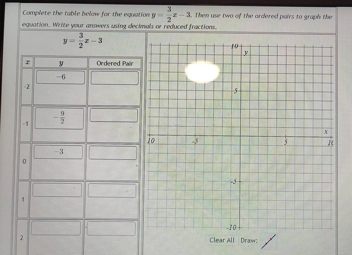 Complete the table below for the equation y= 3/2 x-3. Then use two of the ordered pairs to graph the
equation. Write your answers using decimals or reduced fractions.
y= 3/2 x-3
Clear All Draw: